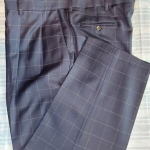 Paul Frederick Mens Wool Blue Plaid Pleated Dress Pants Sz46x28 Adjustable Waist